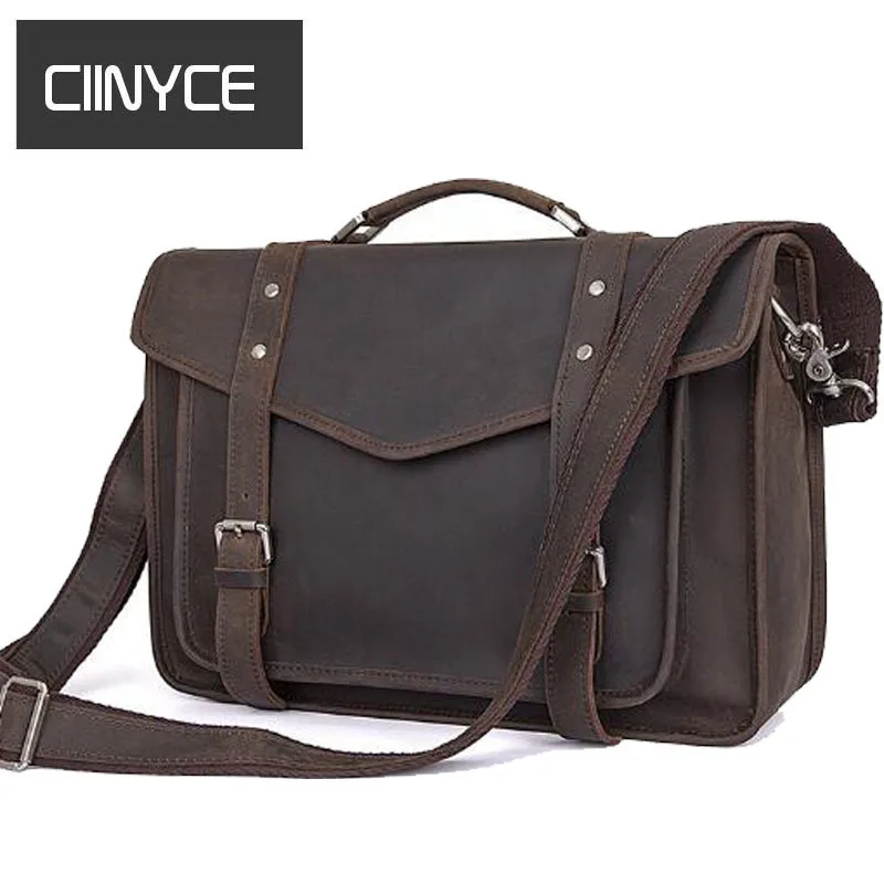 

2018 New Men's Business Briefcase Crazy Horse Genuine Cow Leather Shoulder Crossbody Top-handle 14 Laptop Bag Retro Handbag
