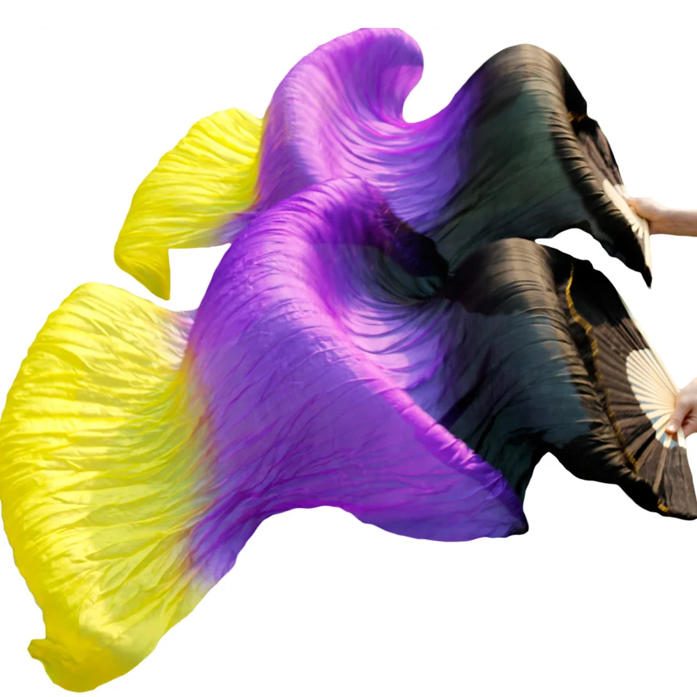 2018 High selling 100% Real Silk Veils 1 Pair handmade women Quality Silk Belly Dance Fans Dance Black + purple + yellow