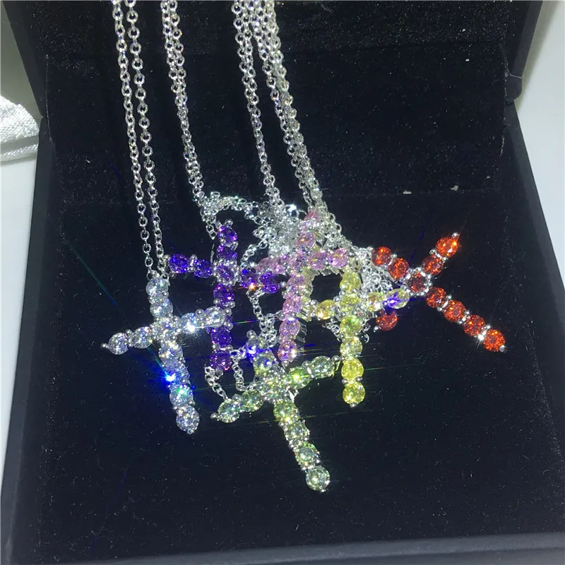 

Vecalon 6 colors Fashion Cross pendant 925 Sterling silver AAAAA Cz Party Wedding Pendants with necklace for Women Men Jewelry