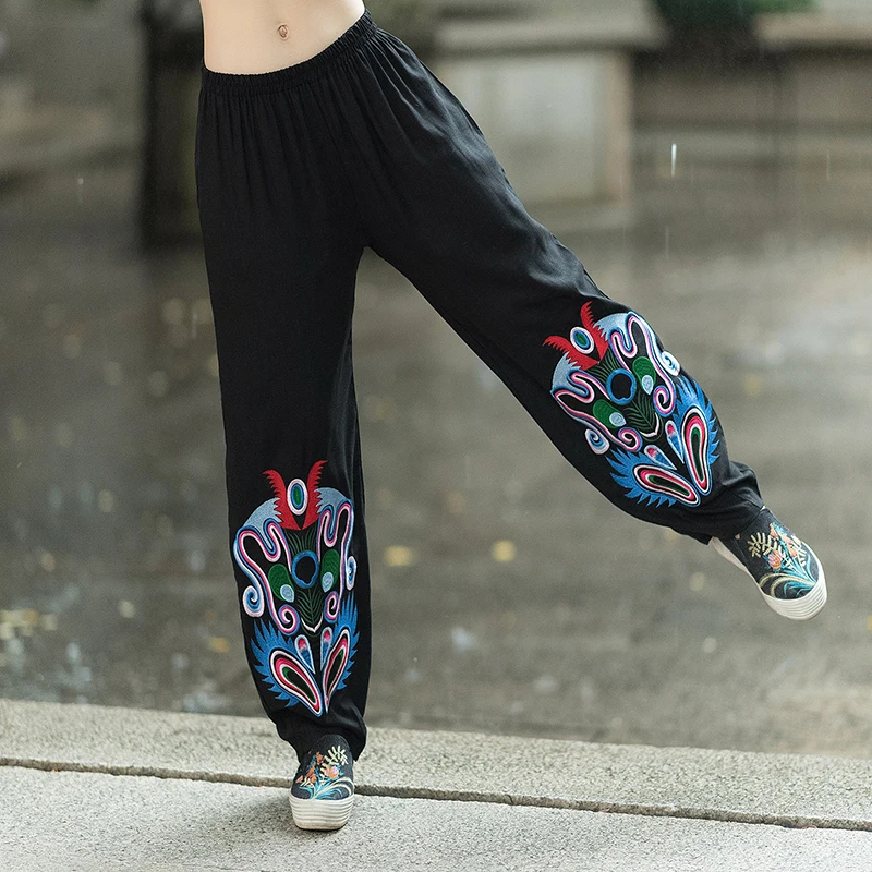 Embroidery Bloomer Pants Women Loose Casual Cotton Linen Pants Trouser