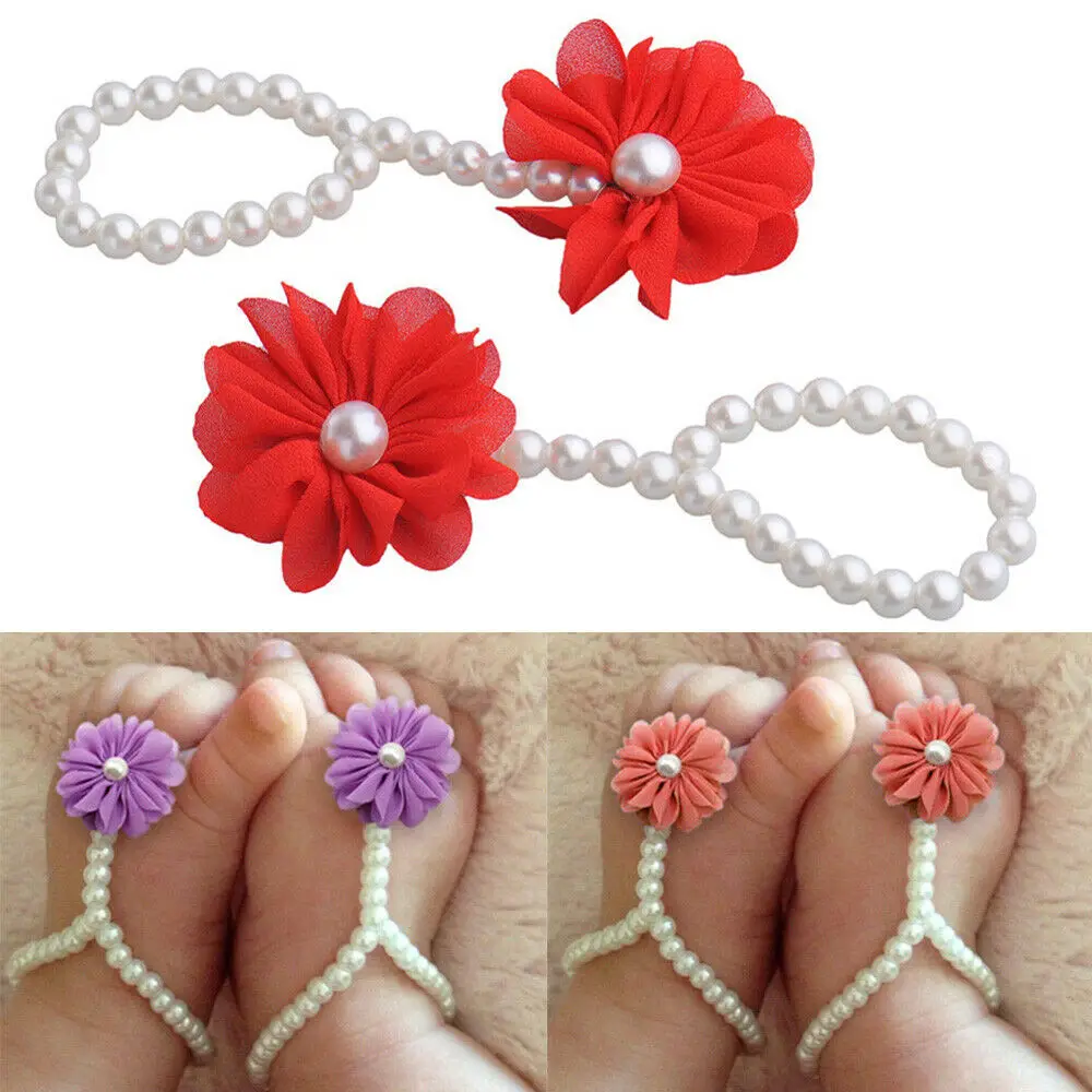 Toddler Baby Girl Infant Crib Barefoot Ring Sandals Flower Anklet Pearl Shoes