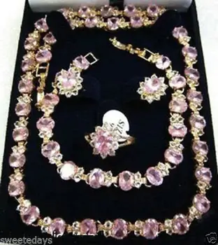 

Beautiful pink crystal necklace bracelet earring ring set +box