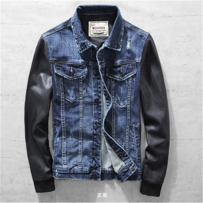 Compra jean chaqueta de mangas de cuero de los hombres