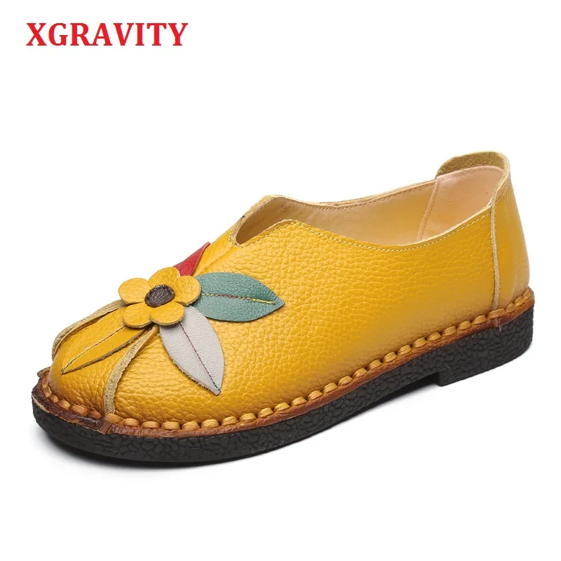 

XGRAVITY Elegant Female Vintage Lady Closed Toe Classic Ethnic Woman Vintage Flat Shoes Genuine Leather Floral Loafer Girl C293