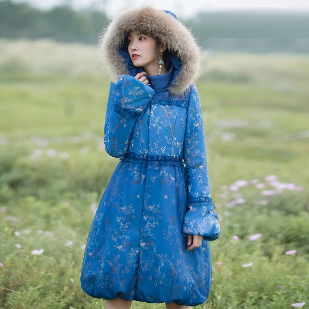 

2019 New Winter Thicken Coat Woman Lace Patch Long Feather Down Padded Girls Ladies Skirt Style Blue Overcoats S-3XL