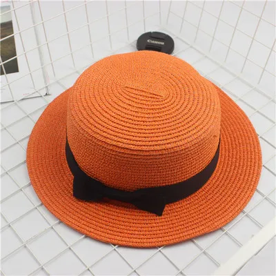 Seioum/ ; соломенная шляпа на плоской подошве для защиты от солнца; шляпа-канотье для девочек; летние женские шляпы с бантом; пляжная соломенная шляпа на плоской подошве; соломенная шляпа; chapeau femme - Цвет: Orange