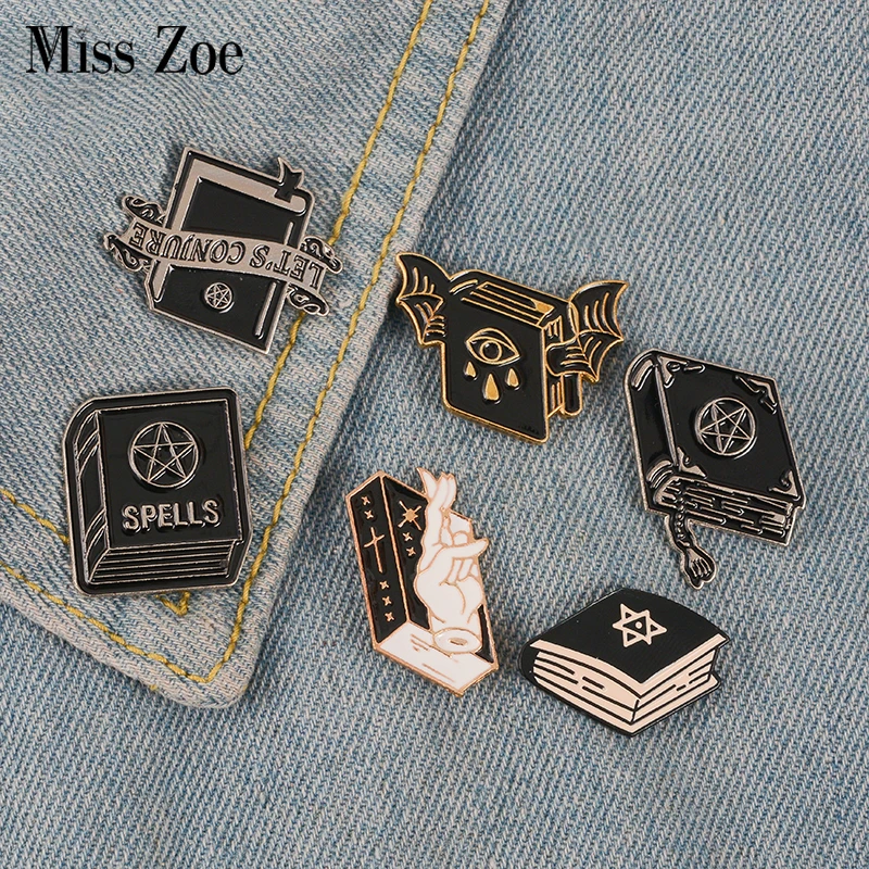 

Black book enamel pin Witchcraft bat book badge brooch Lapel pin Denim Jean shirt bag Gothic Punk Jewelry Gift for Friends