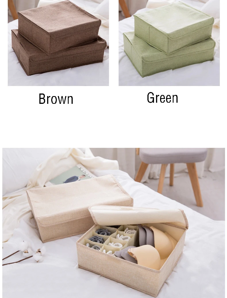 Foldable Washable Cotton and Linen Bra Underwear Organizer Moisture-proof Multi-grid Closet Organizer Large Storage Box