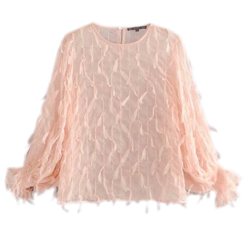 

Women Cute Feather Lantern Sleeve Loose Blouse Long Sleeve O Neck Vintage Female Casual Wear Tops Blouse FFZSY375