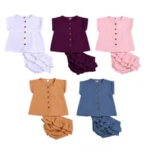 Летние льняные топы для новорожденных и маленьких девочек, укороченные штаны с оборками, комплекты одежды, комплект одежды для детей, roupas menina