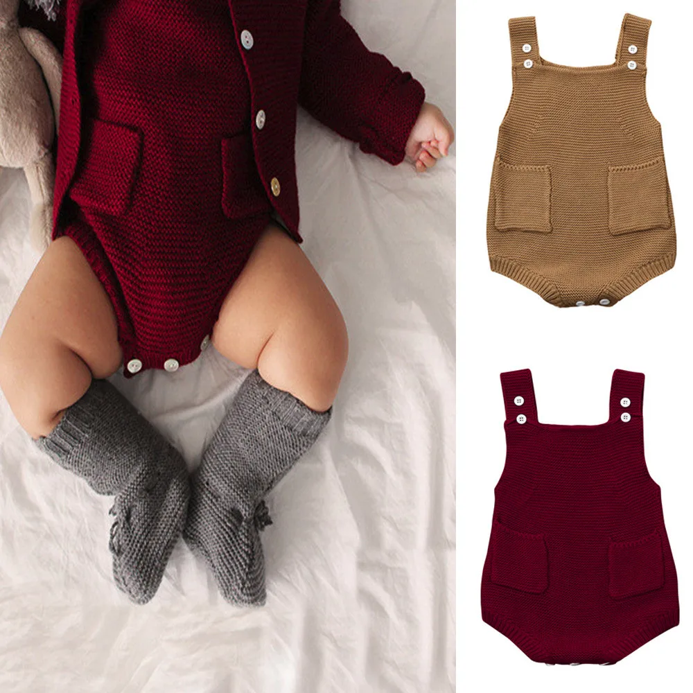Newborn Baby Girls Solid Knitted Toddler Pocket Jumpsuit Clothes
