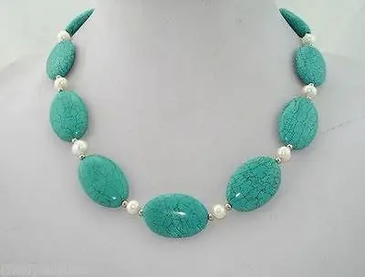 

Hot sale Genuine 8MM White Pearl & Oval Green Turquoise Bead Necklace