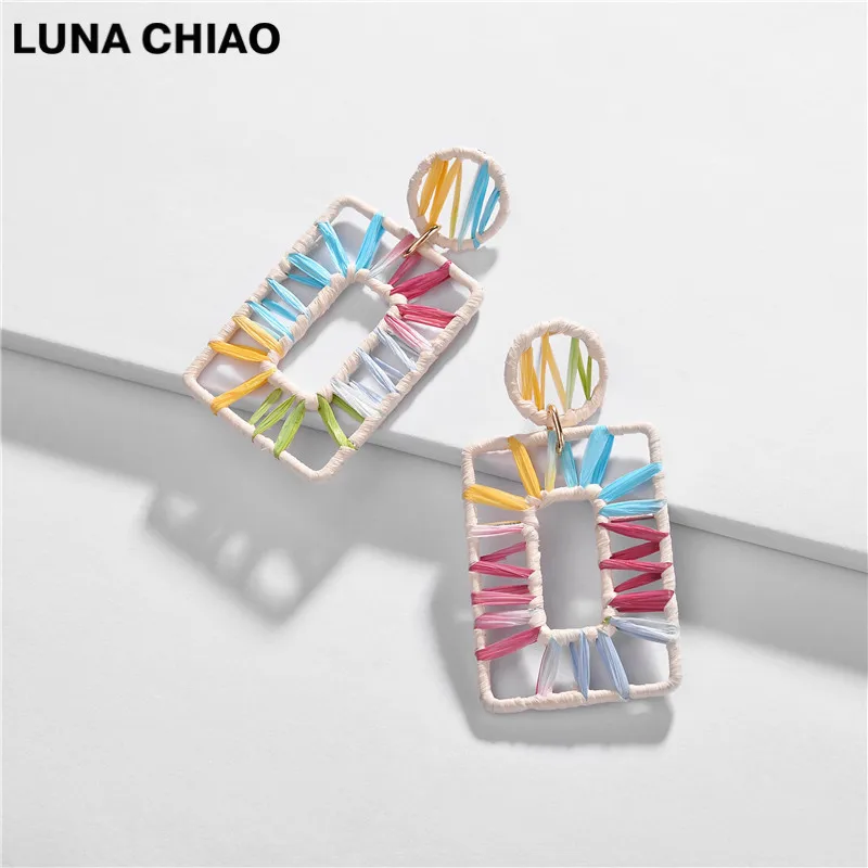 

LUNA CHIAO Popular Trendy Rainbow Color Raffia Rectangle Drop Earrings Colorful Straw Earrings