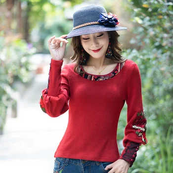 

KYQIAO blusas mujer de moda women pullover female autumn spring Mexico style ethnic boho long sleeve red embroidery shirt top