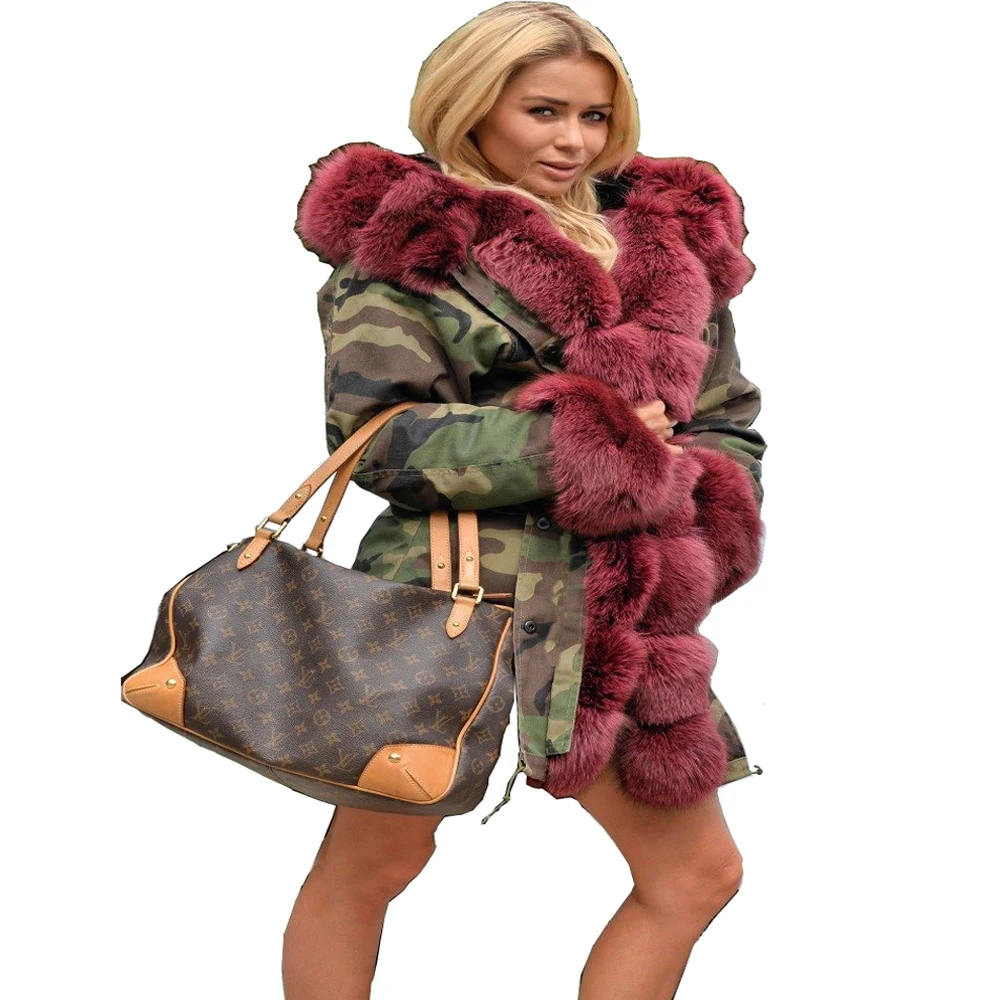Roiii 2018 Winter Female Coat Long Hood Camouflage Green Jacket Wine Faux Fur Cotton Thicken Military Parka Women Chic Outerwear Coats