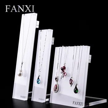 

FANXI Stylish Acrylic White Necklace Display Shelf Stand Jewelry Organizer Box Showcase Pendant Holder Rack with Hooks Exhibitor