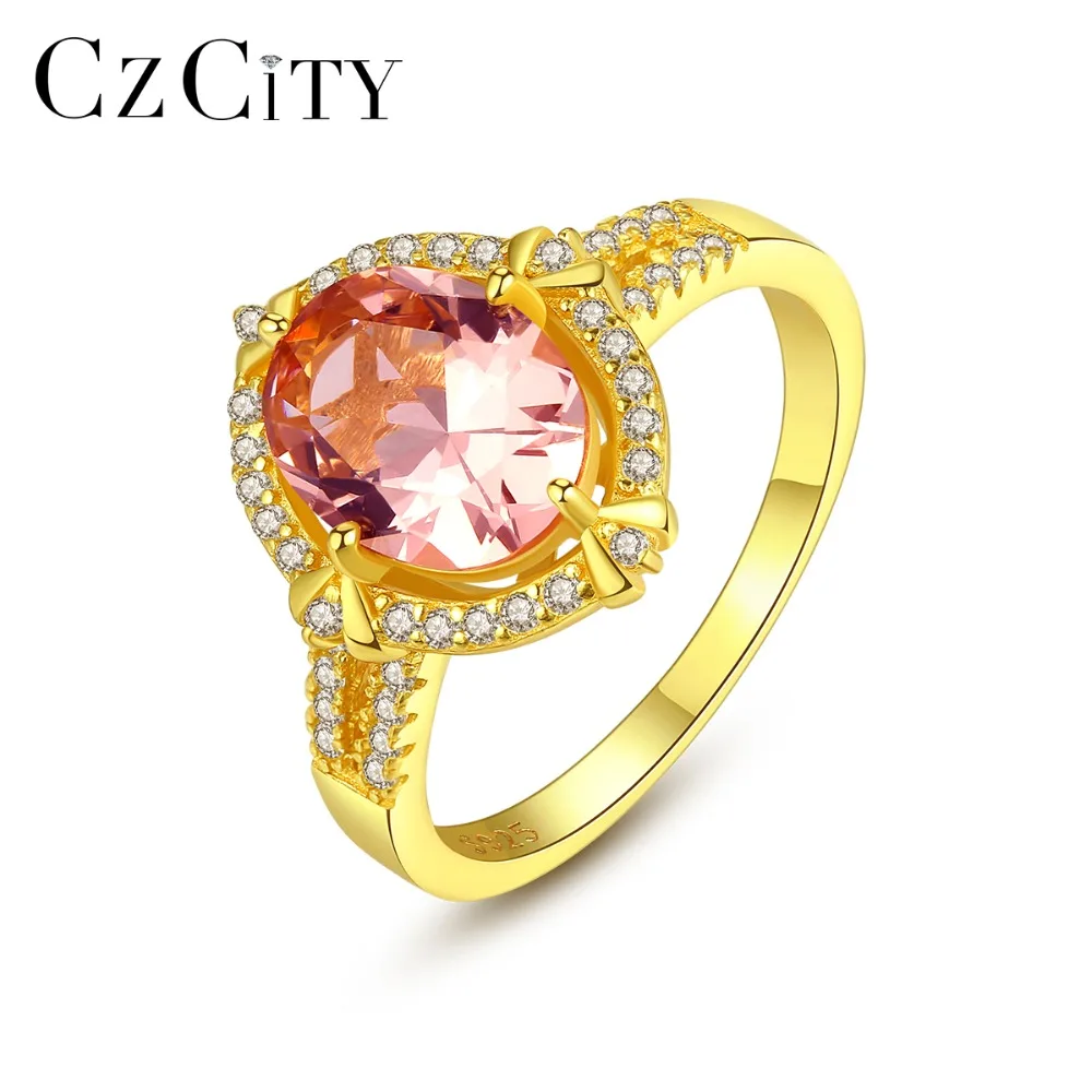 

CZCITY Luxury 925 Sterling Silver Big Oval Morganite Engagement Rings for Women 18K Gold Color Brilliant Wedding Rings Jewelry