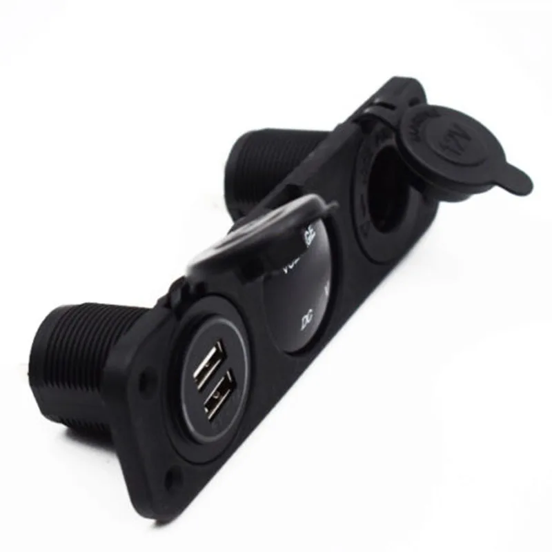 1set Car Boat 3 Hole Panel Dual USB Charger+Blue LED Voltmeter+12V Socket Waterproof