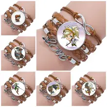 Joyería de estilo Harajuku con cabujón de cristal multicapa brazalete de cuero negro/marrón para mujeres regalos chico personaje del juego