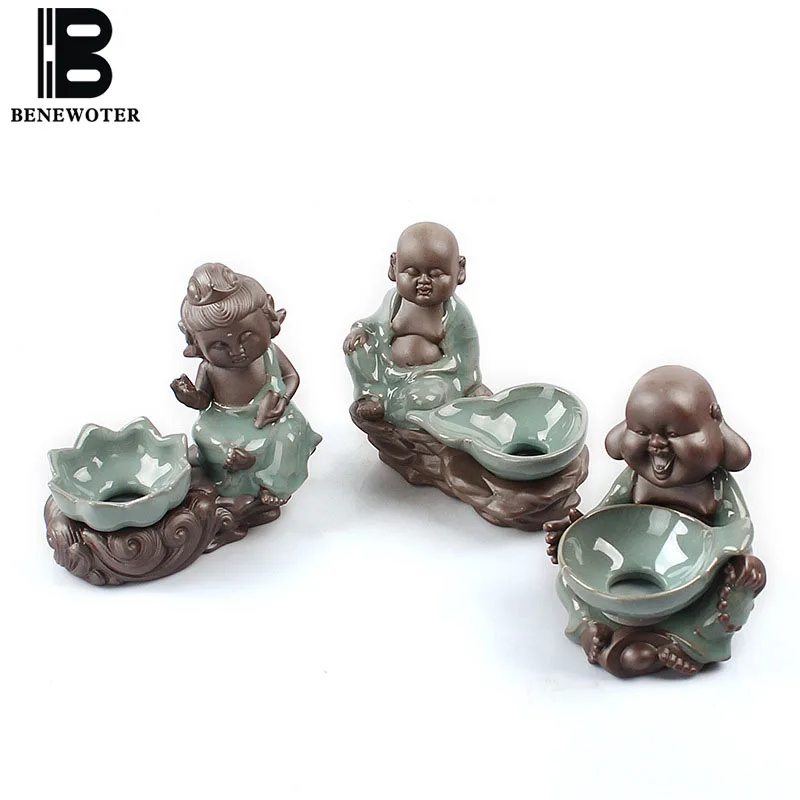 

BENEWOTER Cerative Infuser Tea Tray Decoration Ceramic Porcelain Ice Crackle Kiln Filter Buddha Monk Ornament Tea Pet Strainer