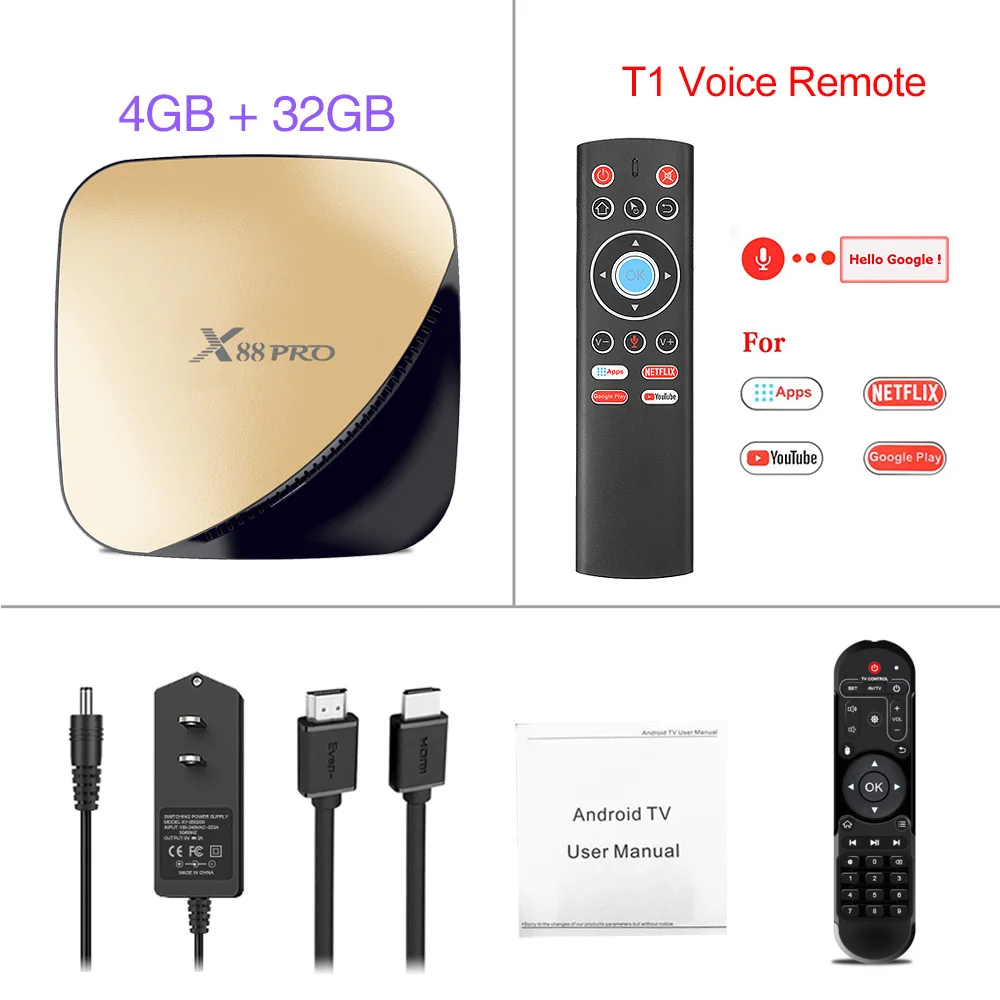 X88 PRO Android 9,0 Smart tv Box 4G ram 64G Rockchip RK3318 5,8G Wifi 4K 60fps HD телеприставка Google медиа YouTube 1080P X88PRO - Цвет: Gold 4G32G T1 Voice