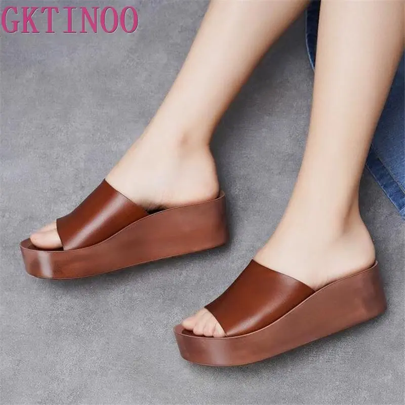 

GKTINOO Original Platform Summer New Wedges Heels Women Shoes Genuine Leather Simple Outdoor Comfortable Handmade Slippers