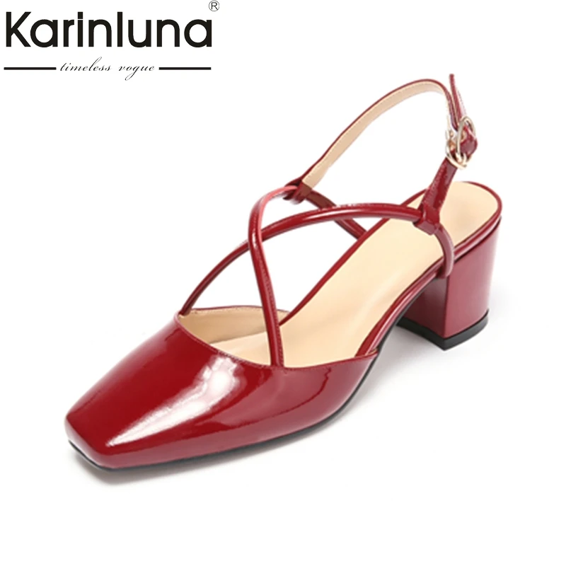 

KarinLuna genuine leather 2018 large size 33-40 buckle strap square high Heels women sandalas woman black Shoes woman
