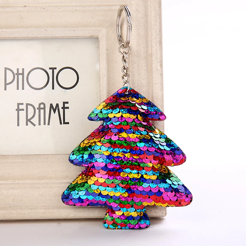 

SUKI Cute Christmas Tree Keychain Glitter Pompom Sequins Key Chain Gifts for Women Llaveros Mujer Car Bag Accessories Key Ring