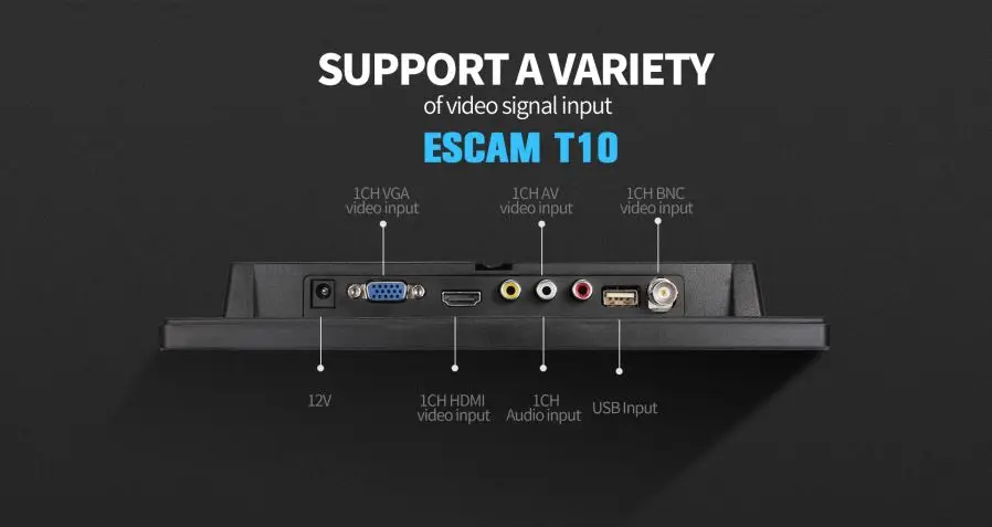 ESCAM T10 10 дюймов TFT ЖК-дисплей 1024x600 монитор с VGA HDMI AV BNC USB для ПК видеонаблюдения Камера