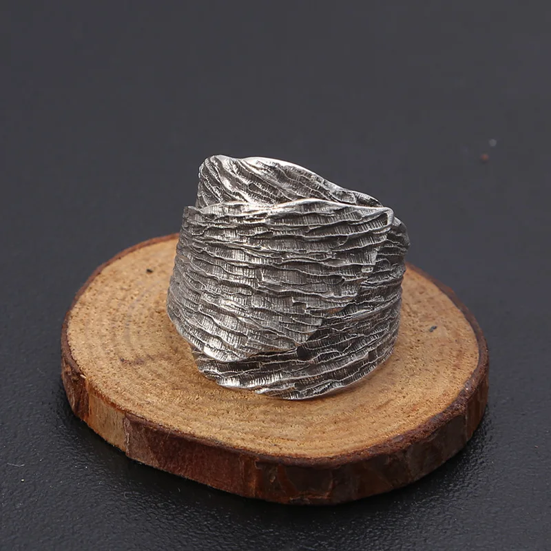 

100%S925 sterling silver jewelry Thailand Chiang Mai handmade silver ring men and women retro Thai silver leaf ring opening