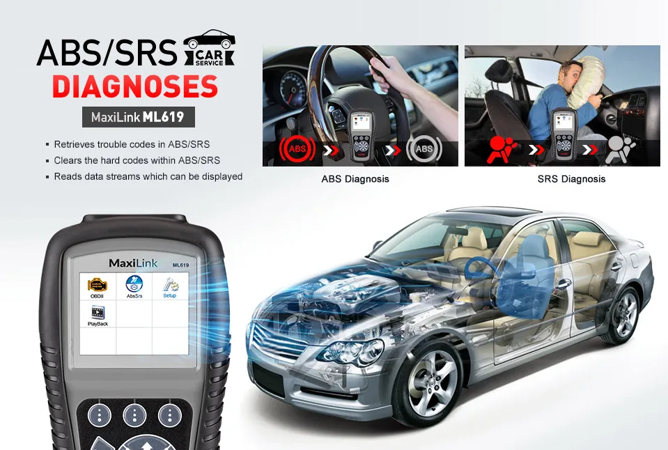 Autel MaxiLink ML619 ABS SRS сканер OBD2 автомобильный считыватель кода er DIY автоматический диагностический инструмент автомобильное сканирование подушек безопасности инструменты считыватель кода неисправности