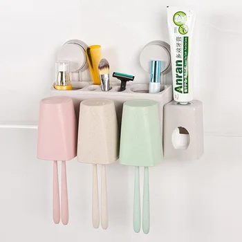 

Wheat straw sucker automatic toothpaste set creative wall hanging brush toothbrush toothbrush holder mug LO719640