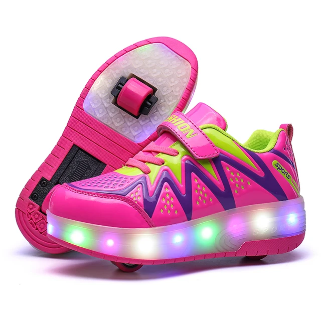 US $14.06 Heelis LED Light Sneakers with Double TWO Wheel Boy Girl Roller Skate Casual Shoe with Roller Girl 