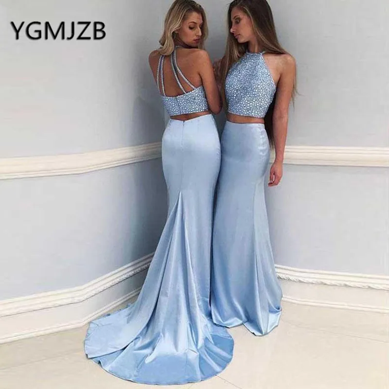 Glitter Beaded Crystal Blue Evening Dresses Long 2019 Mermaid Halter Satin 2 Pieces Prom Gown Women Formal Prom Party Dress Glitter Beaded Crystal Blue Evening Dresses Long 2019 Mermaid Halter Satin 2 Pieces Prom Gown Women Formal Prom Party Dress