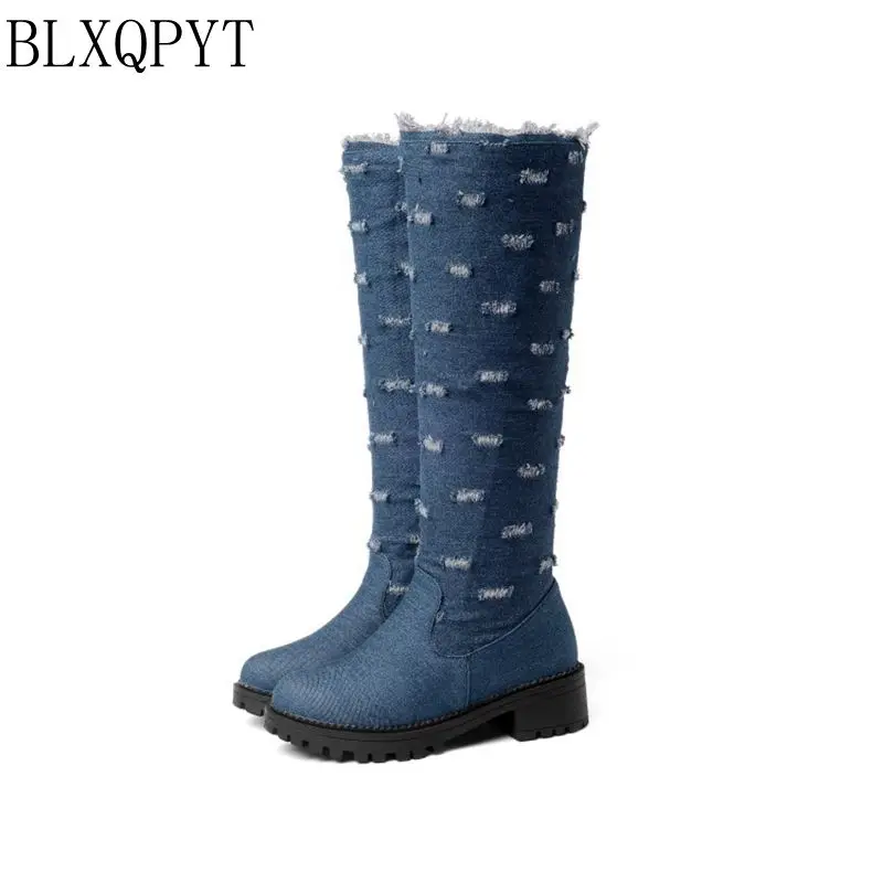 

BLXQPYT Plus Super Big Size 34-52 Stretch fabric Denim knee High boots Round Toe Women Autumn winter Med Heels Shoes Woman Y76