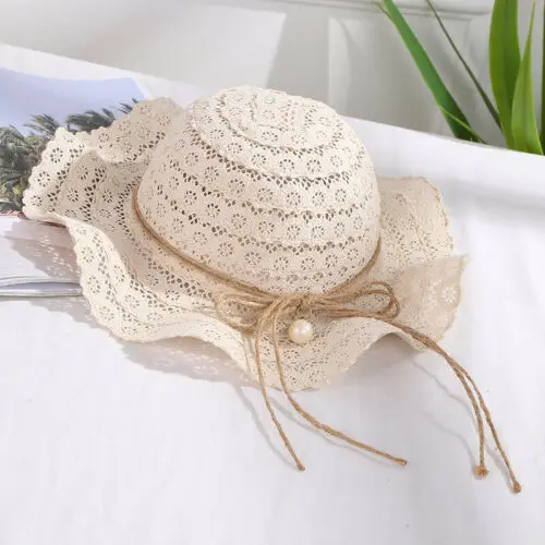 

Kids Girls Holiday Travel Straw Hats Pearl Wide Brim Hat Breathable Children Summer Sun Hat new