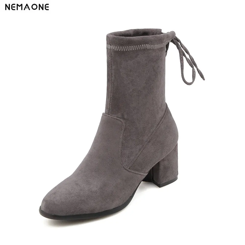 

New Women Shoes Ankle Boots Elastic band Stretch Fabric thick High Heel Fashion Women Party Shoes Black Warm Size 34-43