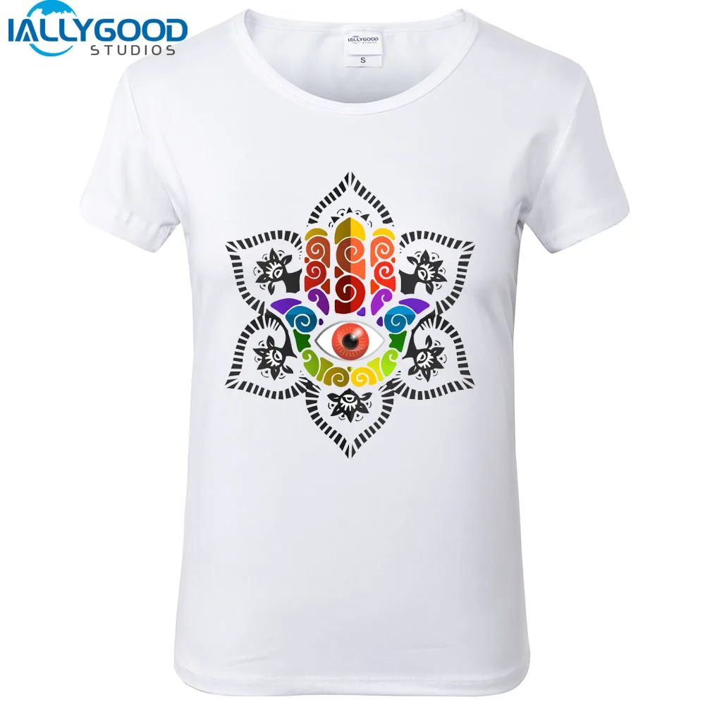 

New Summer Women's Fashion Eye Mandala Hamsa Hand Palm T-shirts Women Short Sleeve Soft Cotton White Tops S912