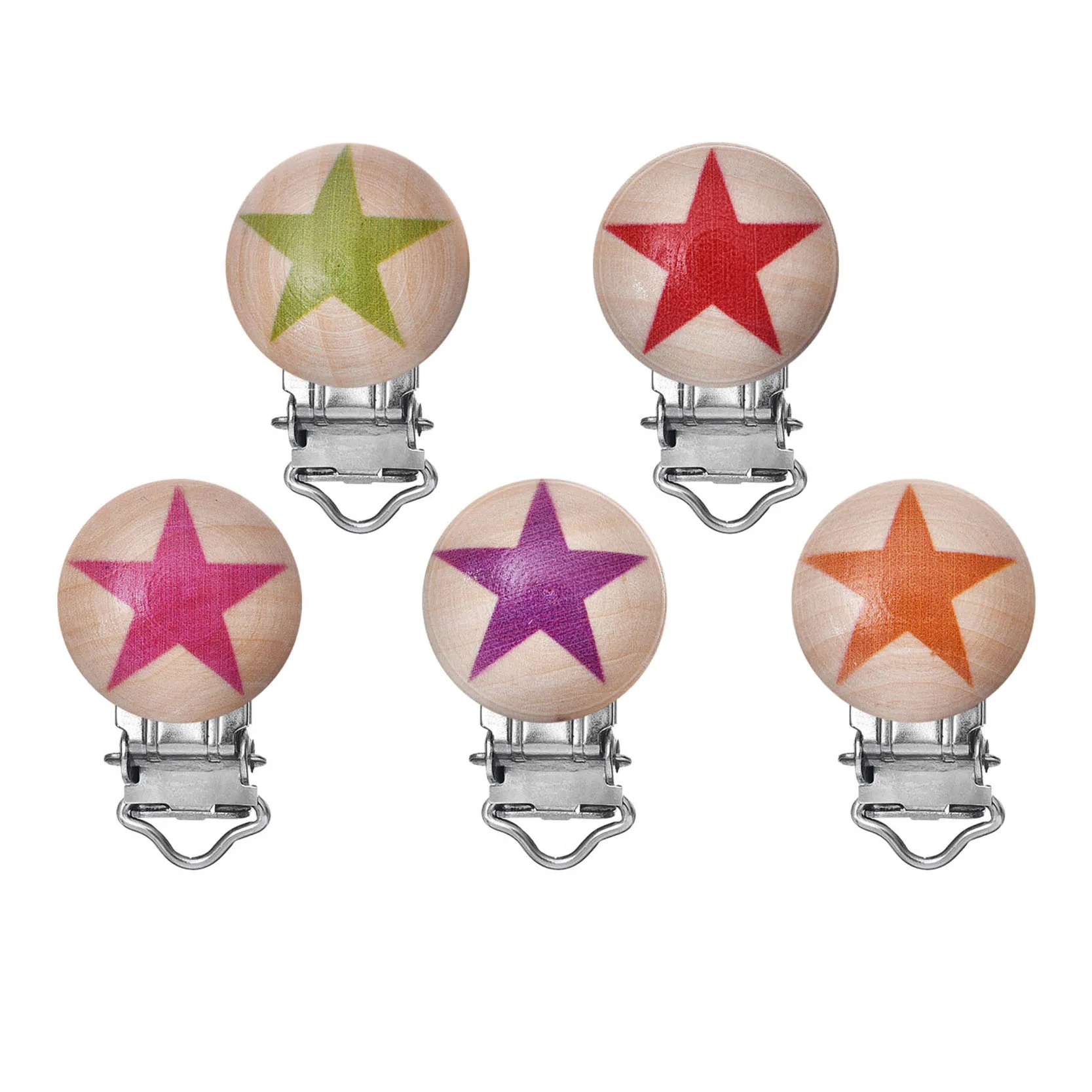 5PCS Baby Pacifier Clips Holder Colorful Stars Wooden Round For Baby 4
