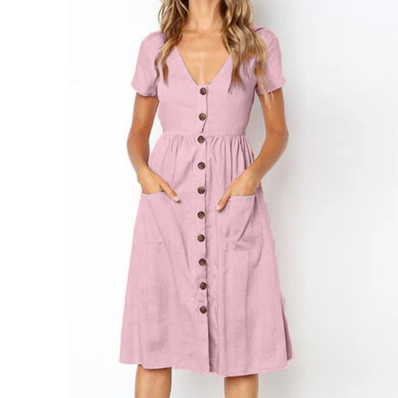 Women's Sexy Summer Dresses 2019 Boho Short Sleeve Button Solid Midi Dress Sundress With Pockets Lady Beach Party Dress Vestidos
