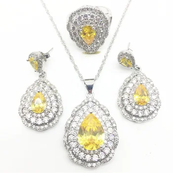 

Zircons 3 layers Cubic Zirconia Paved Water Drop Yellow Earring Necklace Ring 925 Silver Jewelry Set For Women