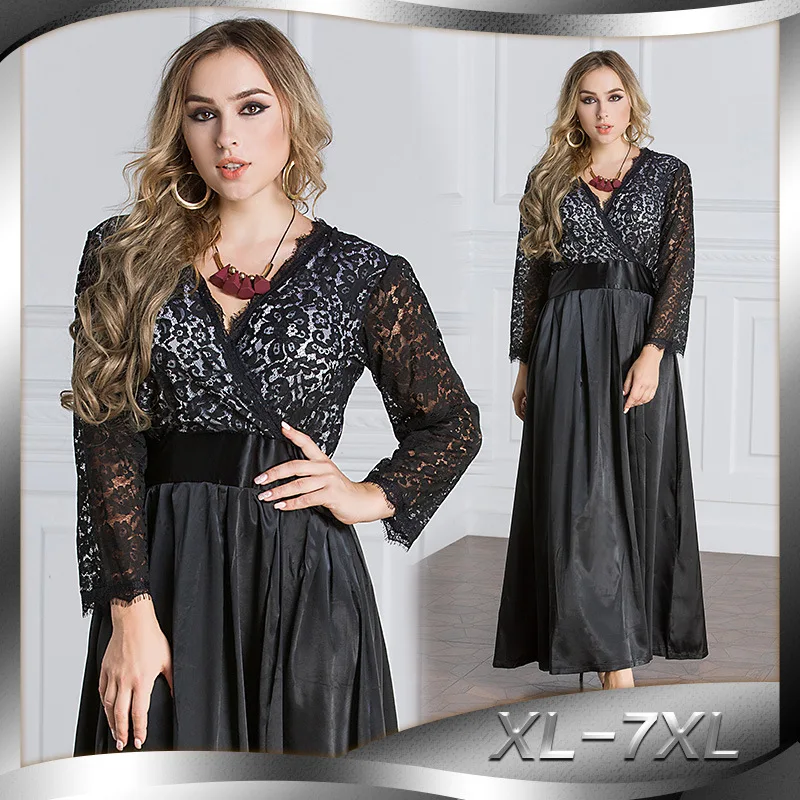 Koop 2018 Lente Herfst Vrouwen Lace Jurk Sexy V hals 3 4 Mouwen doorkijkmodel Patchwork Elegante Plus Size 7XL Club Feestjurk