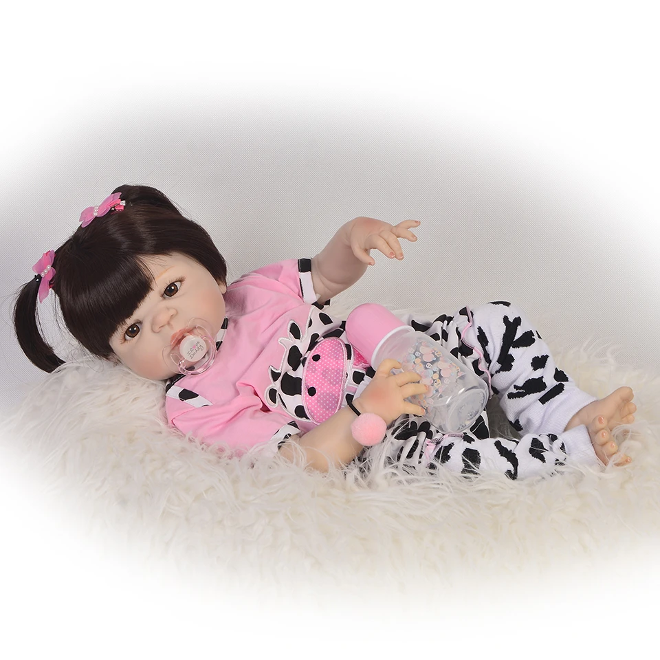 

Fashion long hair reborn baby doll full silicone reborn Babies dolls with Pink cartoon clothes Christmas gift for girl accompany