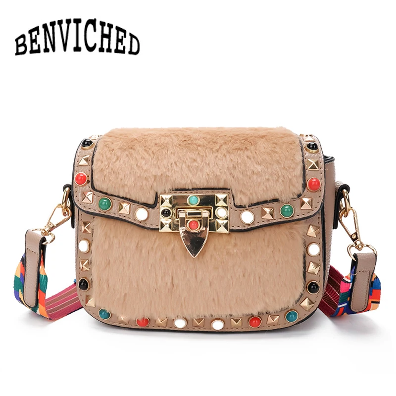 

BENVICHED 2018 Autumn Winter Plush Rivet Flap Messenger Bag Women Leather Handbags Crossbody Shoulder Bags bolsa feminina L066