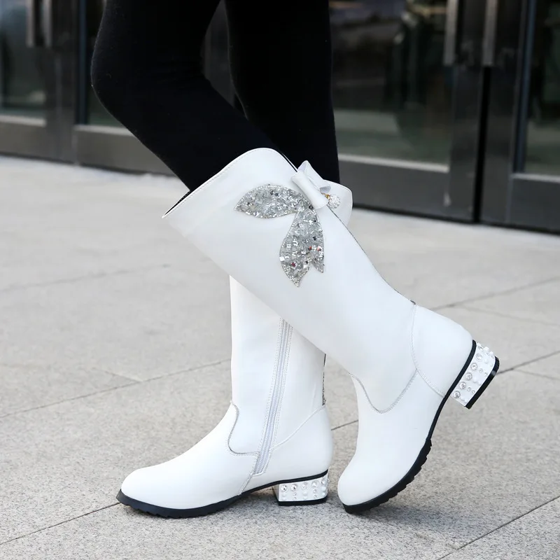 Детская Стразы кожаные ботинки; зимние сапоги черный, белый цвет с плюшем на низком каблуке обувь в стиле шик Размеры 31-40 родитель-ребенок Семья обувь - Цвет: Белый