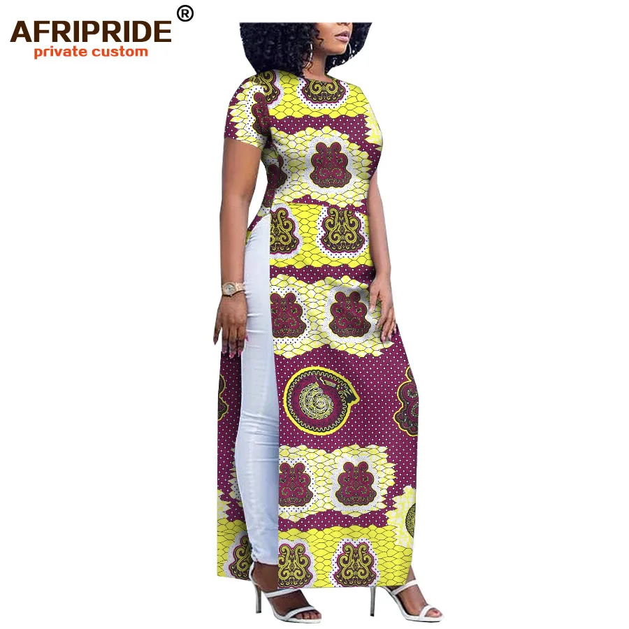 

2019 africa print casual dress for women AFRIPRIDE tailor made short sleeve waist split ankle length women cotton dress A1825070