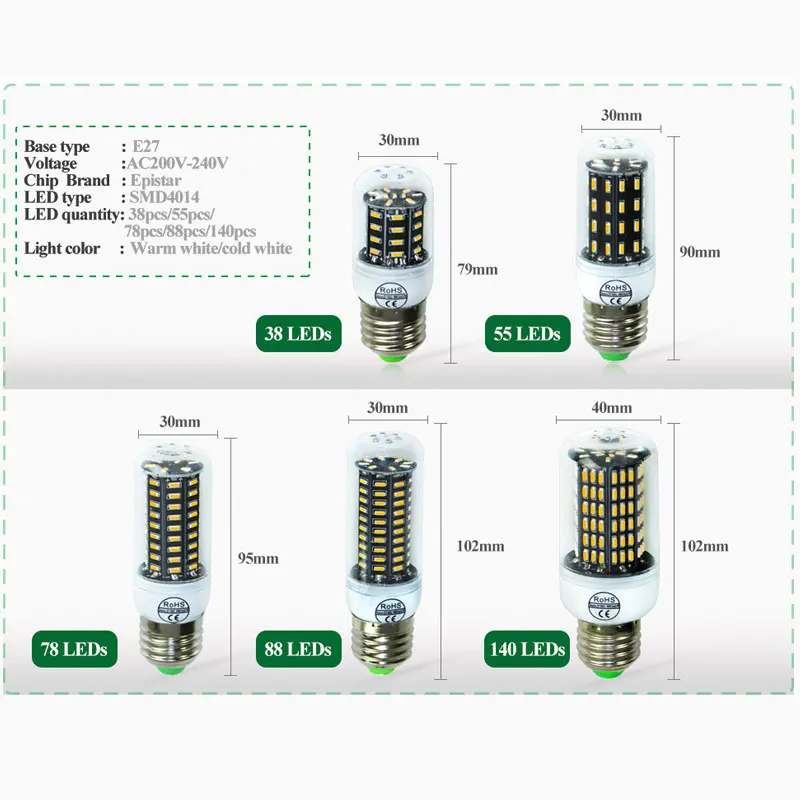 Ультра с высокой светоотдачей светодиодный лампы 4014 SMD E27 E14 светодиодный кукурузы лампы, люстры AC220V 38 Светодиодный s 55 светодиодный s 78 светодиодный s 140 светодиодный s Светодиодный лампочки