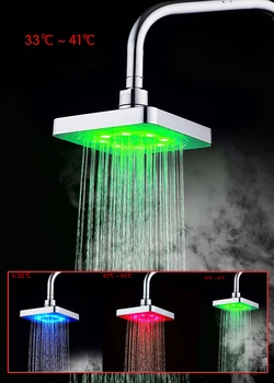 

6 Inch Water Temperature Sensor Control 3 Color Square Bathroom LED Light Rain Top Shower Head