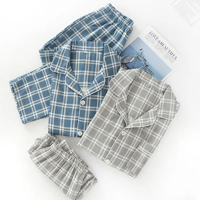 mens pjs sale Spring casual plaid pajama sets men pijama hombre 100% gauze cotton male long sleeve cozy summer pyjamas men men's pajama sets