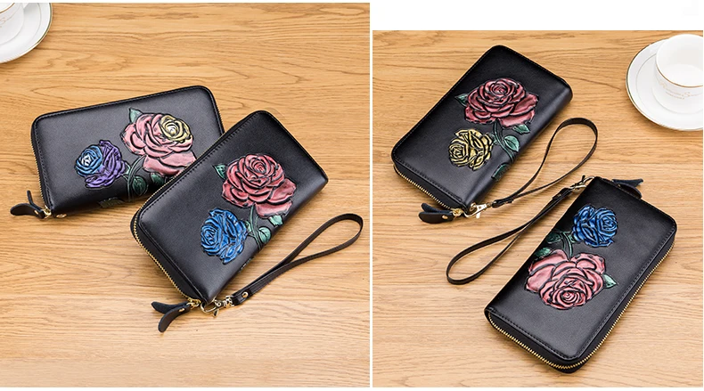 Lomelobo Long Hand Painted Card Wallet Lady Split Leather Rose Flowers Women Purse Girl Business RFID Credit Card Holder HPLA105 Details (11)